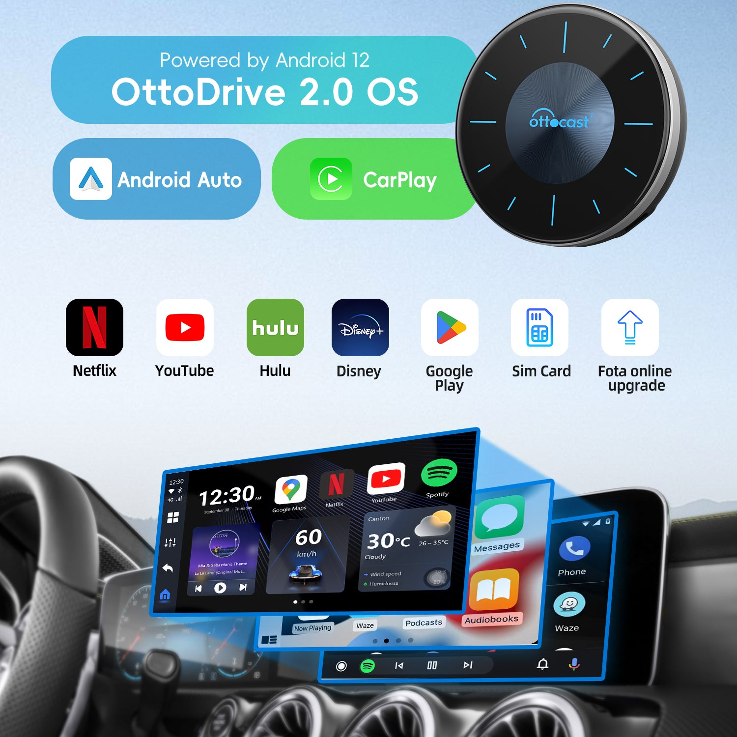 so-op3-001-main Ottocast OttoAibox P3 Wireless CarPlay & Android Auto AI Box with Netflix YouTube UK - Main